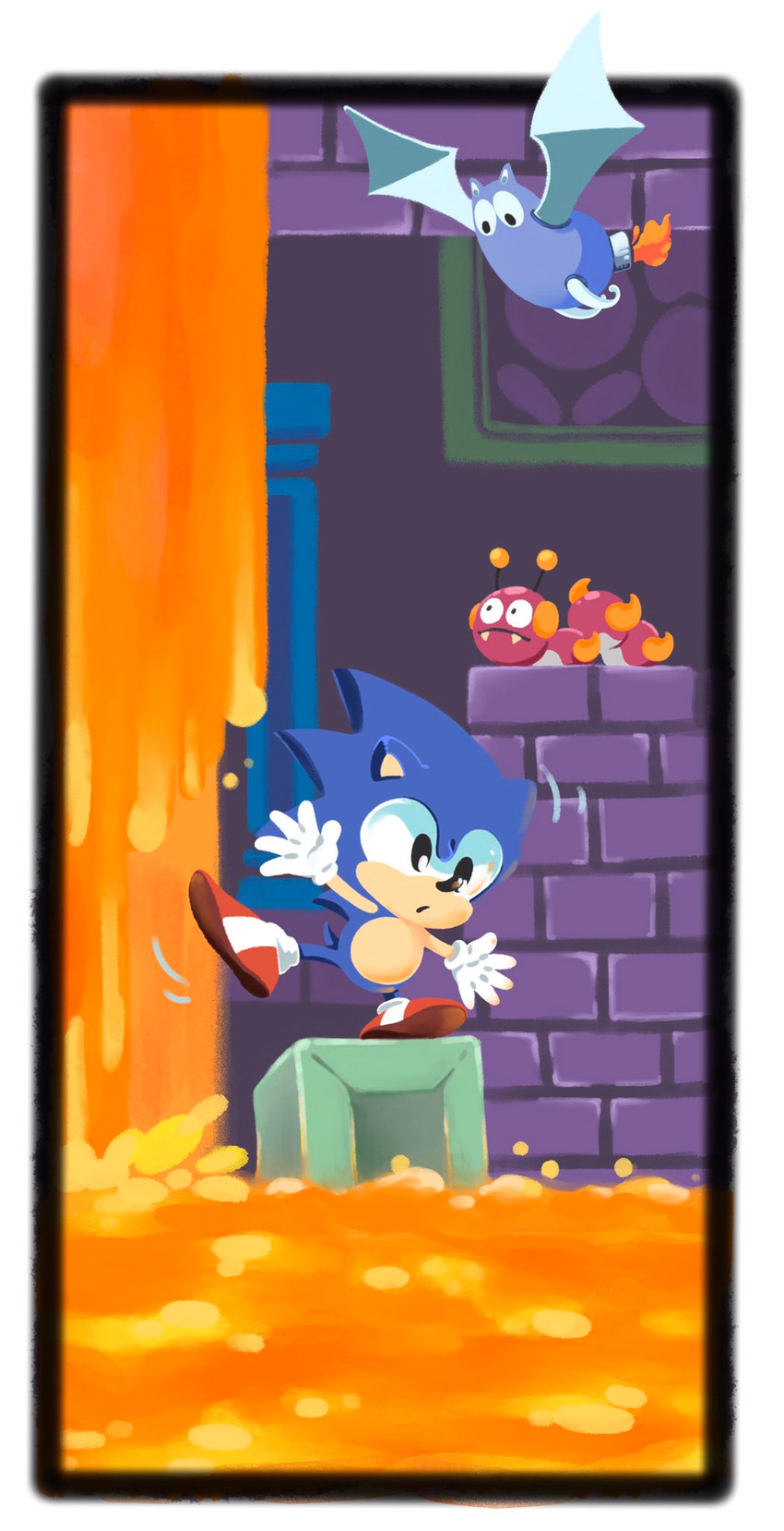 ambiguous_gender anthro balancing black_eyes border brick clothing footwear fur gloves group handwear inside lava machine male on_one_leg open_mouth purple_body purple_fur shoes standing white_border mennnntaiko classic_sonic_(universe) sega sonic_the_hedgehog_(series) classic_sonic sonic_the_hedgehog badnik caterkiller eulipotyphlan hedgehog mammal robot 2019 hi_res