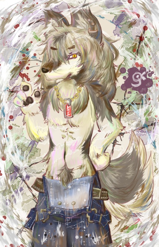 body_hair clothing dog_tags ear_piercing half_naked happy_trail low-riding male navel overalls piercing solo suggestive text hedhakof canid canine canis mammal wolf hi_res japanese_text translation_request