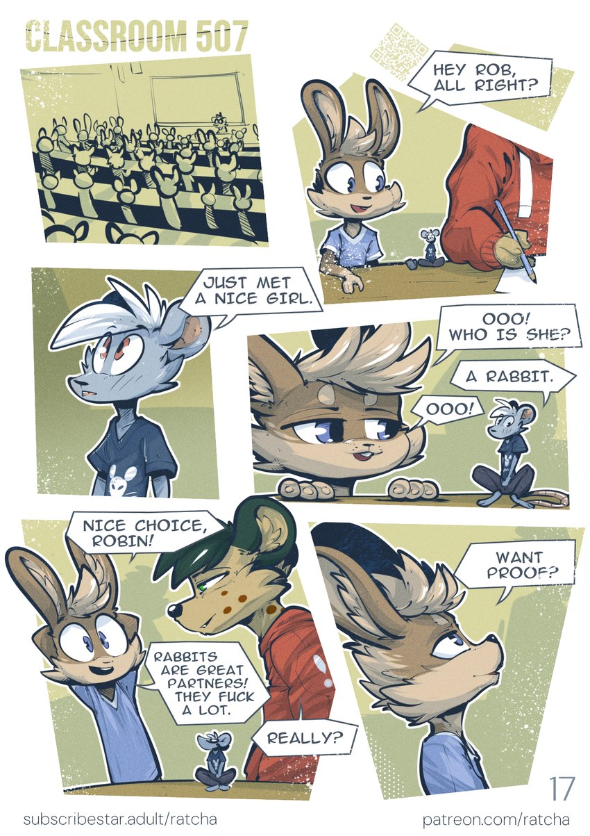 anthro clothed clothing dialogue furniture group male profanity school simple_background speech_bubble tail text trio ratcha barry_jones_(ratcha) robin_(ratcha) thomas_(ratcha) hyena lagomorph leporid mammal murid murine rabbit rat rodent spotted_hyena comic digital_media_(artwork) english_text hi_res url