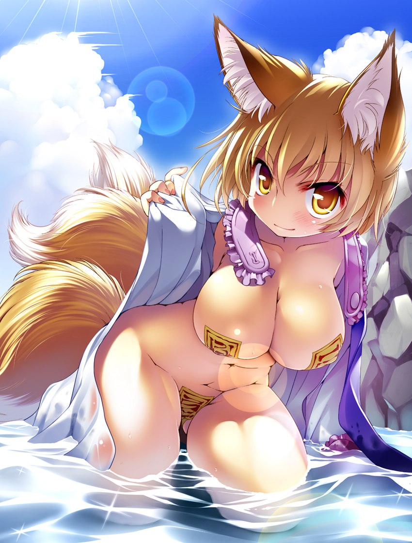 3_tails asian_clothing bent_legs big_breasts blonde_hair blush breasts chastity_seal cleavage clothed clothing cloud curvy_female curvy_figure curvy_humanoid east_asian_clothing female hair hourglass_figure hourglass_figured_female hourglass_figured_humanoid japanese_clothing kimono kneeling kneeling_in_water legs_in_water light looking_at_viewer maebari multi_tail nipple_outline ofuda ofuda_on_breast ofuda_on_pussy outside partially_clothed partially_submerged pasties pose shallow_water short_stack skimpy sky smile solo sparkles sparkling_water submerged_legs sun sunlight tail talisman translucent translucent_clothing undressing water wide_hipped_female wide_hipped_humanoid wide_hips yellow_eyes ikuta_takanon touhou ran_yakumo animal_humanoid canid canid_humanoid canine canine_humanoid fox fox_humanoid humanoid mammal mammal_humanoid 2011 pinup