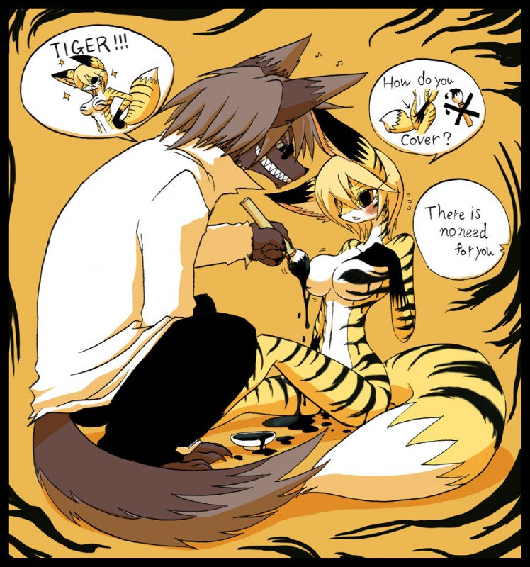 anthro blush bodypaint breasts brush duo eyewear female glasses male nude paintbrush painted_markings rape_face stripes tail teeth text sho_shibamoto kituneko canid canine canis fox mammal wolf english_text pictographics warm_colors yellow_theme