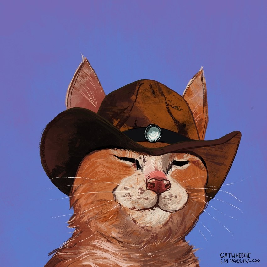 ambiguous_gender blue_background clothing cowboy_hat ears_up eyes_closed feral fur hat headgear headwear orange_body orange_fur pink_nose simple_background solo whiskers white_body white_fur catwheezie domestic_cat felid feline felis mammal 1:1 2020 absurd_res artist_name hi_res signature