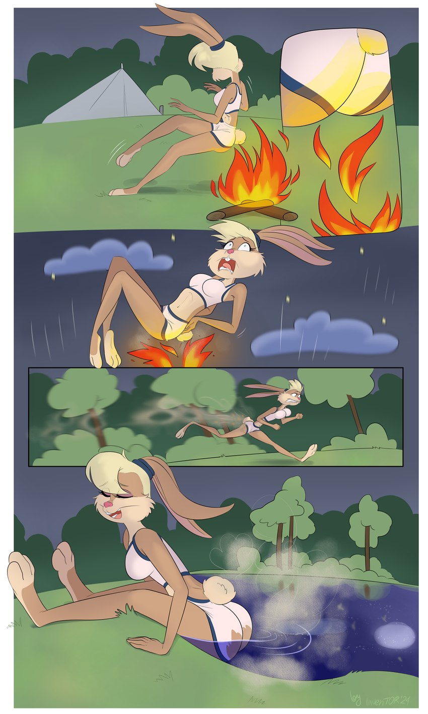 anthro burning burnt_clothing butt butt_on_fire campfire camping_tent clothing crop_top dolphin_shorts exposed_butt falling_back female fire lake pain plant scut_tail shirt short_tail solo tail tent topwear tree inventor_(artist) looney_tunes warner_brothers lola_bunny lagomorph leporid mammal rabbit absurd_res comic hi_res