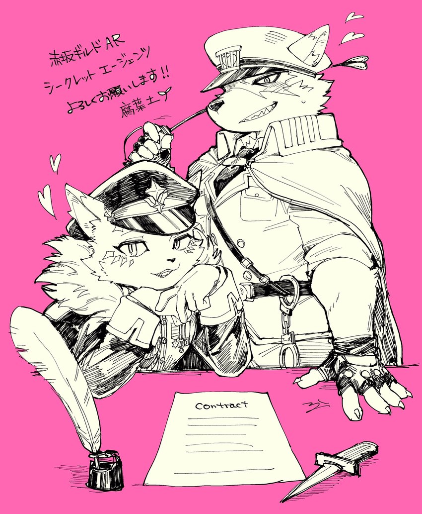 anthro black_and_white_and_pink blazer clothing contract duo fingerless_gloves gloves handwear hat headgear headwear knife looking_at_viewer male necktie pink_background simple_background fuyoudo624 lifewonders tokyo_afterschool_summoners ose_(tas) tadatomo_(tas) canid canine canis domestic_dog felid leopard mammal pantherine 2022 hi_res monochrome