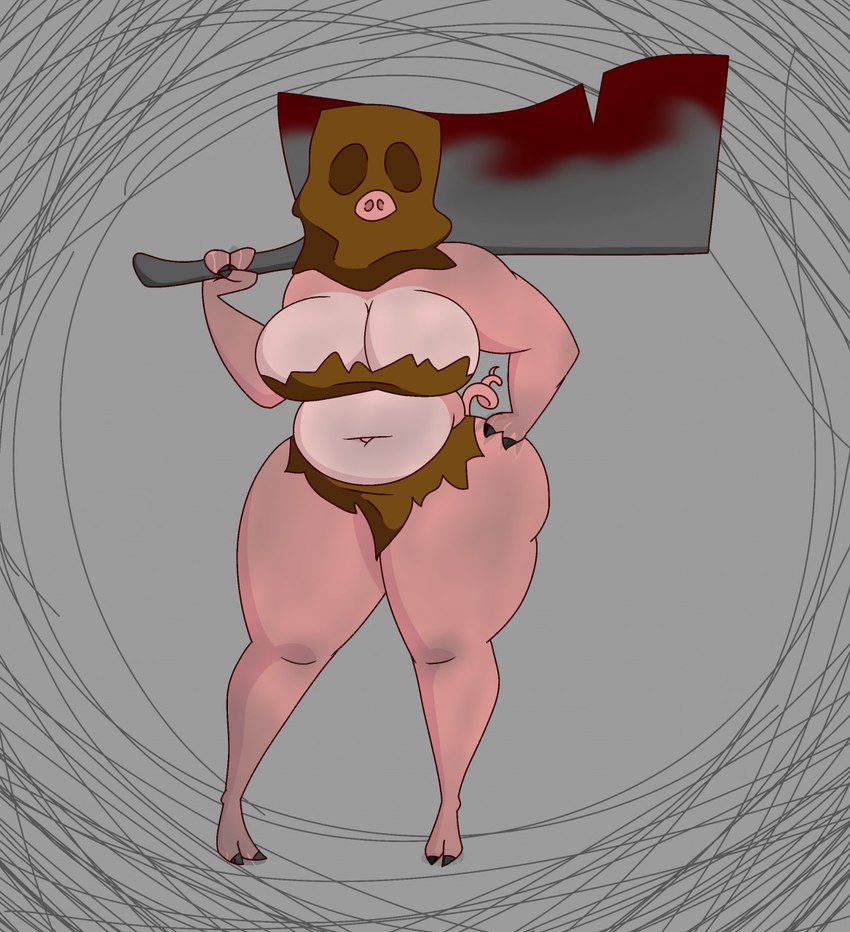 alternate_species anthro bag_over_head big_breasts blood blood_on_weapon bodily_fluids breasts cleavage cleaver_(weapon) clothed clothing dirty female grey_background hand_on_hip holding_cleaver holding_object holding_weapon huge_breasts looking_at_viewer melee_weapon navel overweight overweight_female pink_body ragged_clothing simple_background solo thick_thighs weapon weapon_on_shoulder wide_hips chhiccennuggett dark_souls fromsoftware maneater_mildred domestic_pig mammal suid suina sus_(pig) hi_res