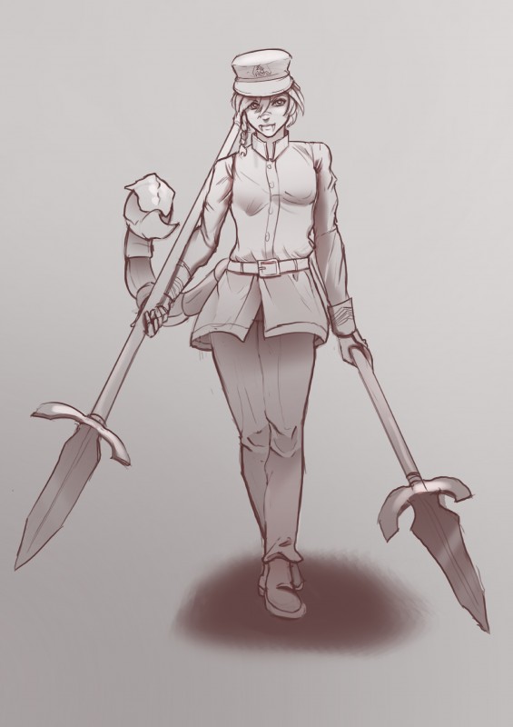 clothed clothing hair melee_weapon polearm spear stinger weapon yari_(weapon) lec bunny_and_fox_world amika_zhona_(kimmikammi) animal_humanoid arachnid arachnid_humanoid arthropod arthropod_humanoid humanoid scorpion_humanoid absurd_res greyscale hi_res monochrome sketch