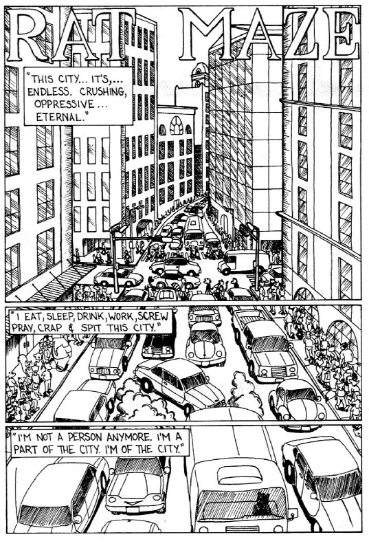 ambiguous_gender anthro car city crowd female group male rat_maze text traffic vehicle david_a_cantero genus black_and_white comic english_text hi_res monochrome pen_(artwork) traditional_media_(artwork)