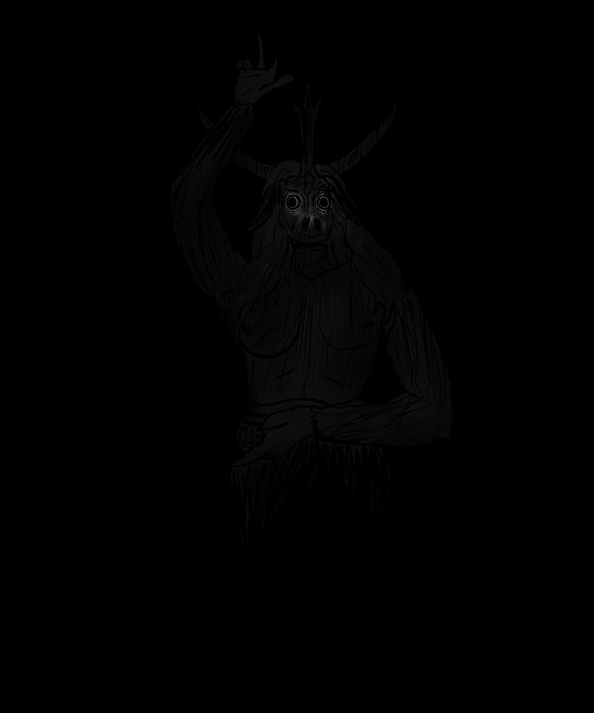 ambiguous_gender anthro glowing glowing_eyes hair hand_above_head hell horn horror_(theme) long_ears long_hair looking_at_viewer religion religious_symbols religious_themes satanic satanism smile smiling_at_viewer solo m4n baphomet_(deity) deity demon monster 5:6 absurd_res hi_res monochrome