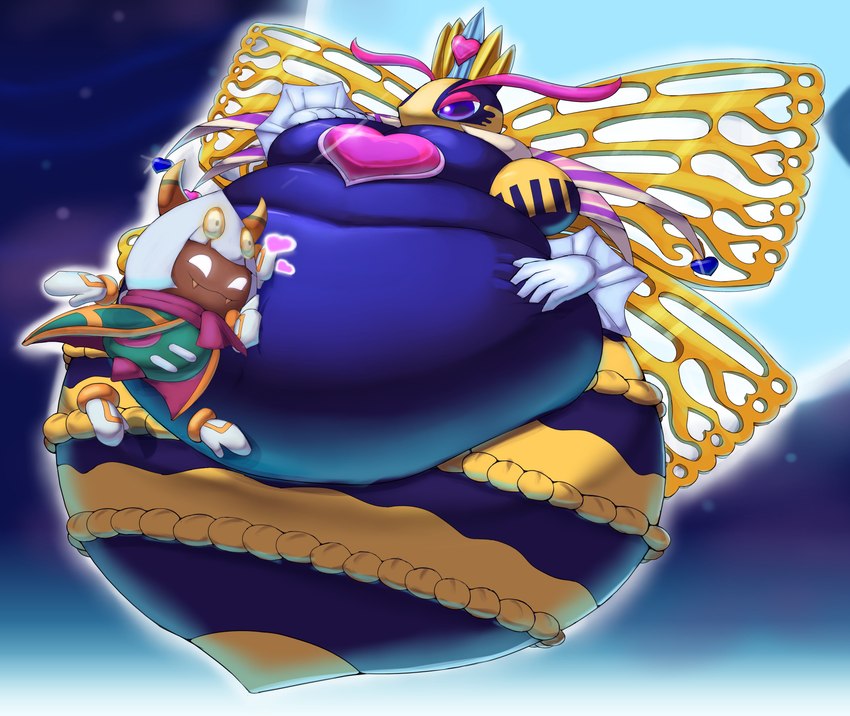 anthro belly belly_squish blue_body clothing cloud crown cute_fangs disembodied_hand duo fangs female floating floating_hands full_moon gloves glowing glowing_eyes handwear headgear heart_symbol insect_wings male moon obese obese_anthro obese_female outside overweight overweight_anthro overweight_female purple_eyes smile solo squish teeth thorax wings shweetmagnet kirby_(series) kirby_triple_deluxe nintendo queen_sectonia taranza arachnid arthropod bee hymenopteran insect monster spider wasp absurd_res hi_res