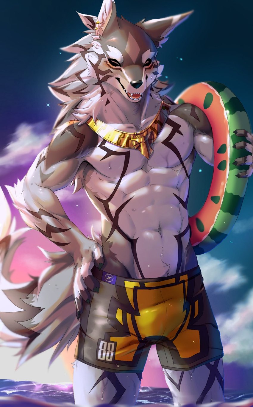 abs anthro beach blush clothed clothing eyes_closed flotation_device fur gold_(metal) gold_jewelry gold_necklace jewelry male muscular muscular_male navel necklace partially_submerged pecs sea seaside smile solo standing standing_in_water swimming_trunks swimwear teeth tongue topless water ama_imakuma lifewonders tokyo_afterschool_summoners seth_(tas) canid canine canis jackal mammal 2019 digital_media_(artwork) hi_res