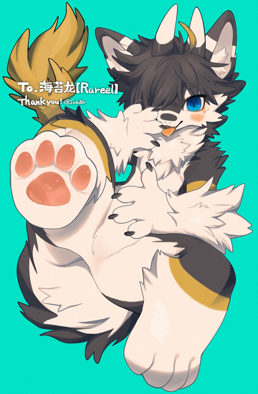 ambiguous_gender anthro arm_tuft black_body black_fur black_hair blue_eyes blush chest_tuft claws featureless_crotch feet finger_claws fluffy fluffy_tail foot_focus fur hair hair_over_eye hand_on_face horn inner_ear_fluff looking_at_viewer lying nude on_back one_eye_obstructed open_mouth paintbrush_tail pawpads paws resting_on_tail simple_background solo stripes tail text tongue tongue_out tuft white_body white_fur yellow_body yellow_fur sue36v mythology dragon furred_dragon furred_scalie mythological_creature mythological_scalie scalie absurd_res artist_name commissioner_name hi_res