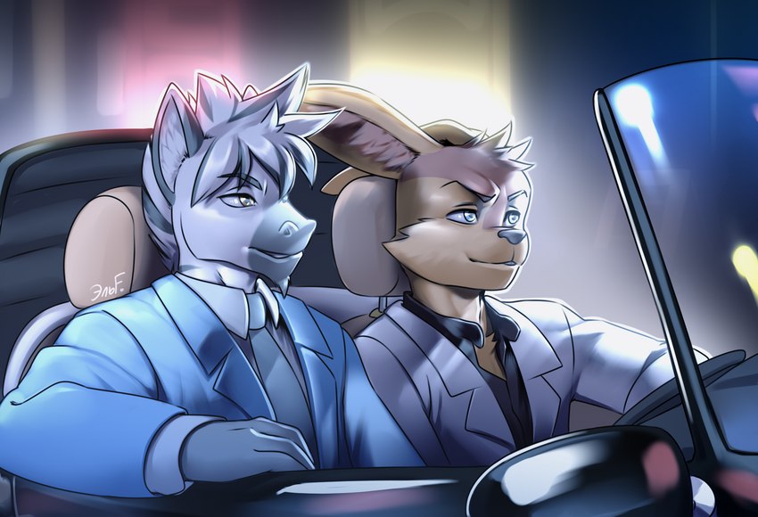 anthro black_car black_eyebrows black_nose black_tie_(suit) blue_clothing blue_suit blurred_background brown_body brown_fur brown_hair car chair clothing countershade_face countershade_neck countershading driving duo eyebrows fluffy_ears fur furniture grey_body grey_fur grey_hair hair humanoid_hands leaning long_hair looking_away male necktie pointy_ears prick_ears reflection riding short_hair sitting sitting_in_car smile snout steering_wheel suit vehicle white_body white_clothing white_fur white_hair white_suit windshield yellow_eyes krazyelf noah_the_zebra ryland_the_hare equid equine lagomorph leporid mammal rabbit zebra hi_res