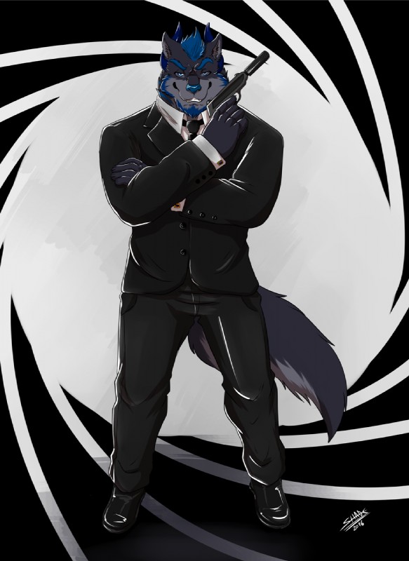 abs anthro biped clothed clothing fur gun hair handgun horn looking_at_viewer male muscular muscular_anthro muscular_male ranged_weapon simple_background smile solo spy standing weapon lobodelamuerte shade_the_wolf 007 lobodelamuerte_(character) canid canine canis demon mammal wolf 2016 hi_res