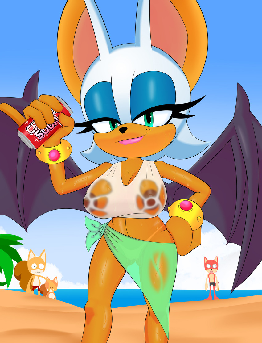 ambiguous_gender anthro areola barely_visible_genitalia barely_visible_vulva bat_wings beach beverage big_ears black_nose blue_eyeshadow bracelet brown_areola brown_nipples clothing eyelashes eyeshadow female female_focus front_view fur genitals green_eyes group hand_on_hip holding_beverage holding_object jewelry lipstick looking_at_viewer makeup male membrane_(anatomy) membranous_wings nipples pink_lipstick purple_wings sea sky smile solo_focus suntan tan_line thick_thighs topwear translucent translucent_clothing vulva water wet wet_clothing wet_topwear white_body white_clothing white_fur white_topwear wide_hips wings young thecakeee sega sonic_the_hedgehog_(series) rouge_the_bat bat mammal absurd_res hi_res
