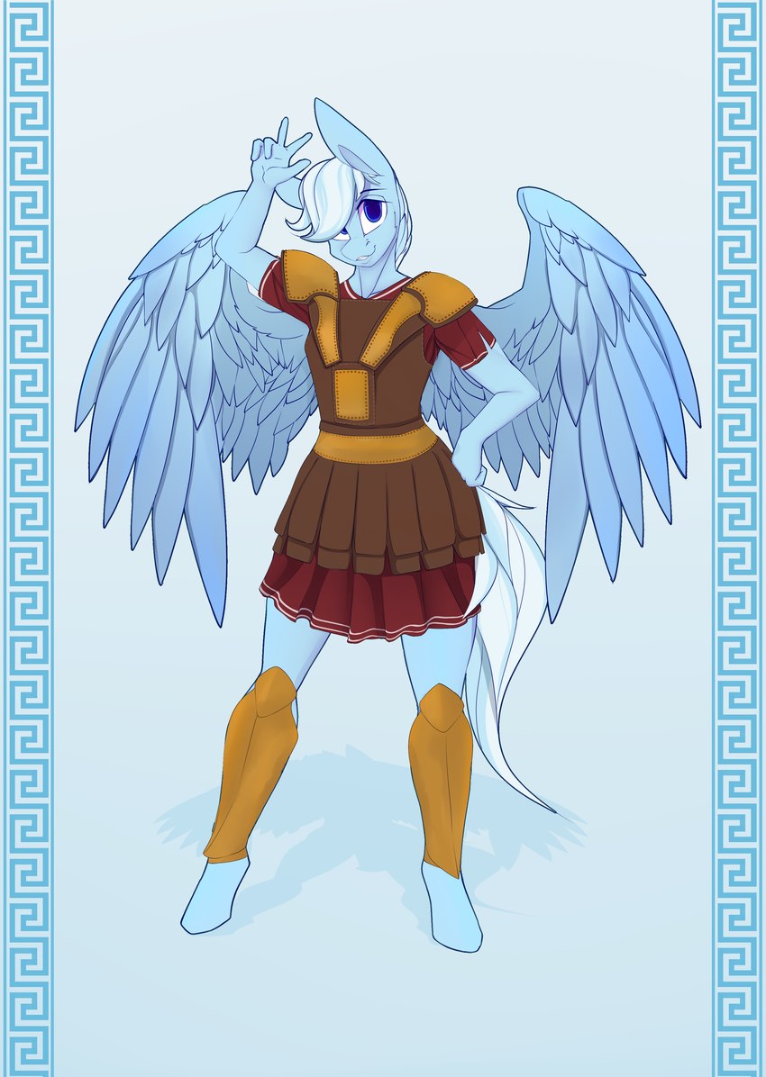 anthro armor blue_body blue_feathers blue_fur clothed clothing feathered_wings feathers fur greek greek_armor hair looking_at_viewer male simple_background smile solo standing wings chapaevv hasbro my_little_pony mythology fan_character swift_justice equid equine mammal mythological_creature mythological_equine pegasus absurd_res digital_media_(artwork) hi_res