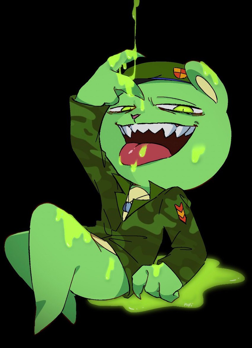 anthro blood bodily_fluids clothed clothing colored_blood green_blood male sharp_teeth solo teeth tongue tongue_out unusual_blood unusual_bodily_fluids opiopaopi happy_tree_friends flippy_(htf) fliqpy_(htf) bear mammal hi_res