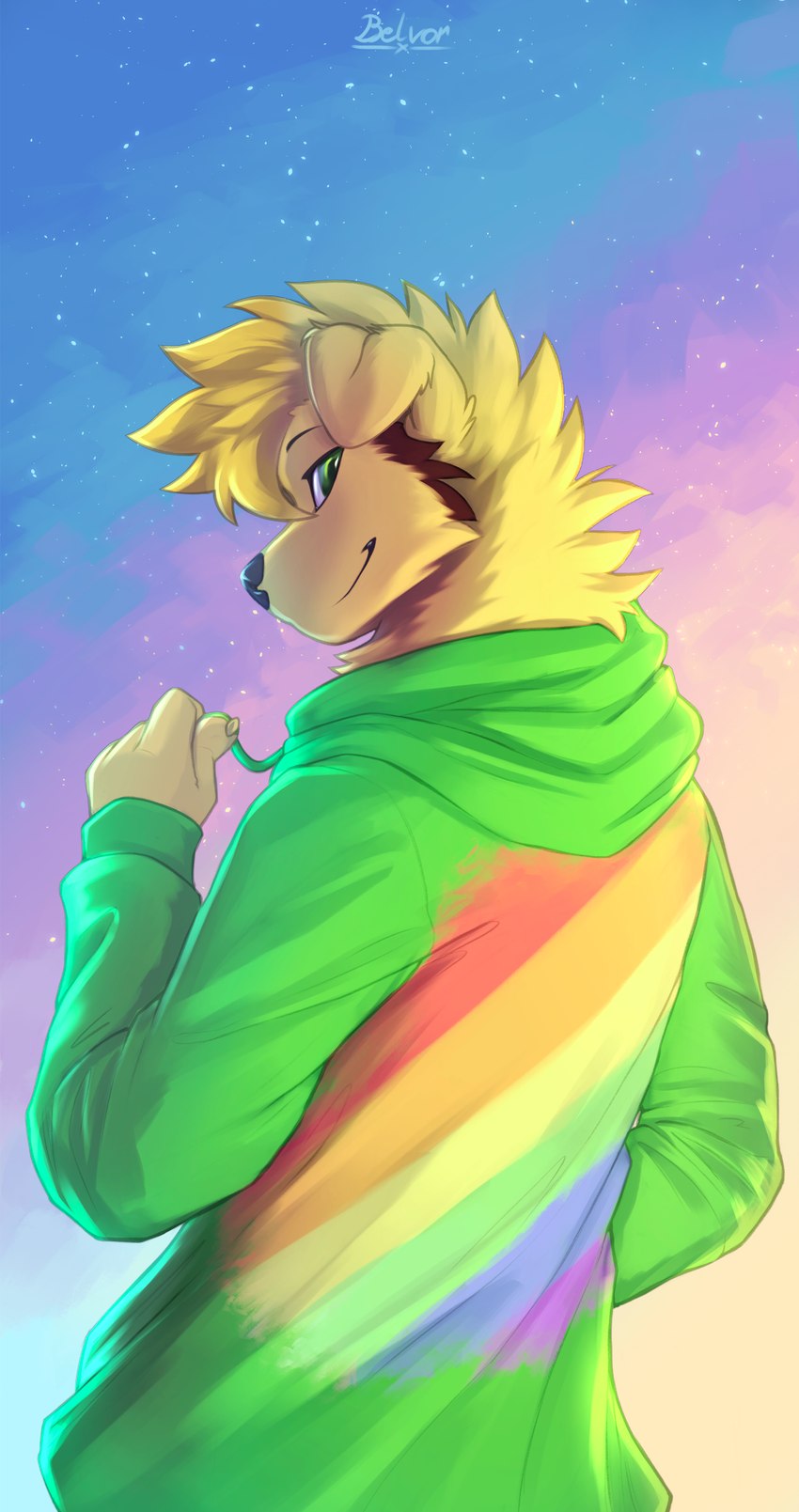 anthro blonde_hair cheek_tuft clothing facial_tuft hair half-closed_eyes hoodie lgbt_pride male multicolored_clothing multicolored_hoodie multicolored_topwear narrowed_eyes neck_tuft night pride_color_clothing pride_color_hoodie pride_color_topwear pride_colors rainbow_pride_colors six-stripe_rainbow_pride_colors smile solo topwear tuft belvor nao_o'connor bird_dog canid canine canis domestic_dog golden_retriever hunting_dog mammal retriever absurd_res hi_res