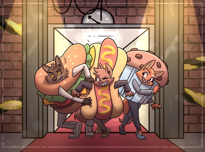 anthro burger burger_costume clothed clothing costume detailed_background elevator female food food_costume group hot_dog hot_dog_costume male muffin trio deadyoung7 dreamworks the_bad_guys diane_foxington mr._wolf_(the_bad_guys) canid canine canis fox hybrid mammal wolf hi_res