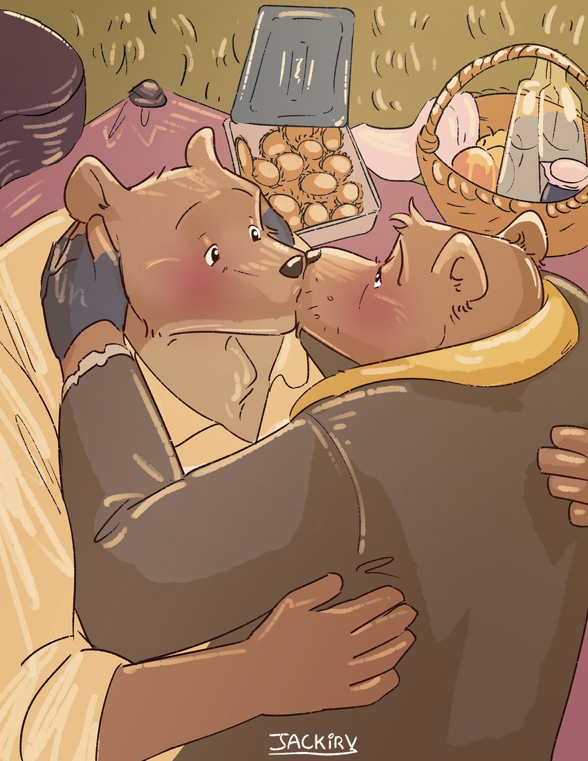 anthro black_nose blush brown_body clothing duo food hug humanoid_hands kissing male male/male shirt topwear jackiry ernest_and_celestine bolero_(ernest_and_celestine) ernest_(ernest_and_celestine) bear mammal 2023 absurd_res hi_res