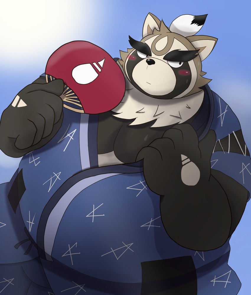 anthro belly big_belly blush brown_body humanoid_hands jinbei_(clothing) kemono male overweight overweight_male solo tankyuki_tanu tanoyuki_tanu lifewonders live_a_hero shoen canid canine mammal raccoon_dog tanuki 2023 hi_res