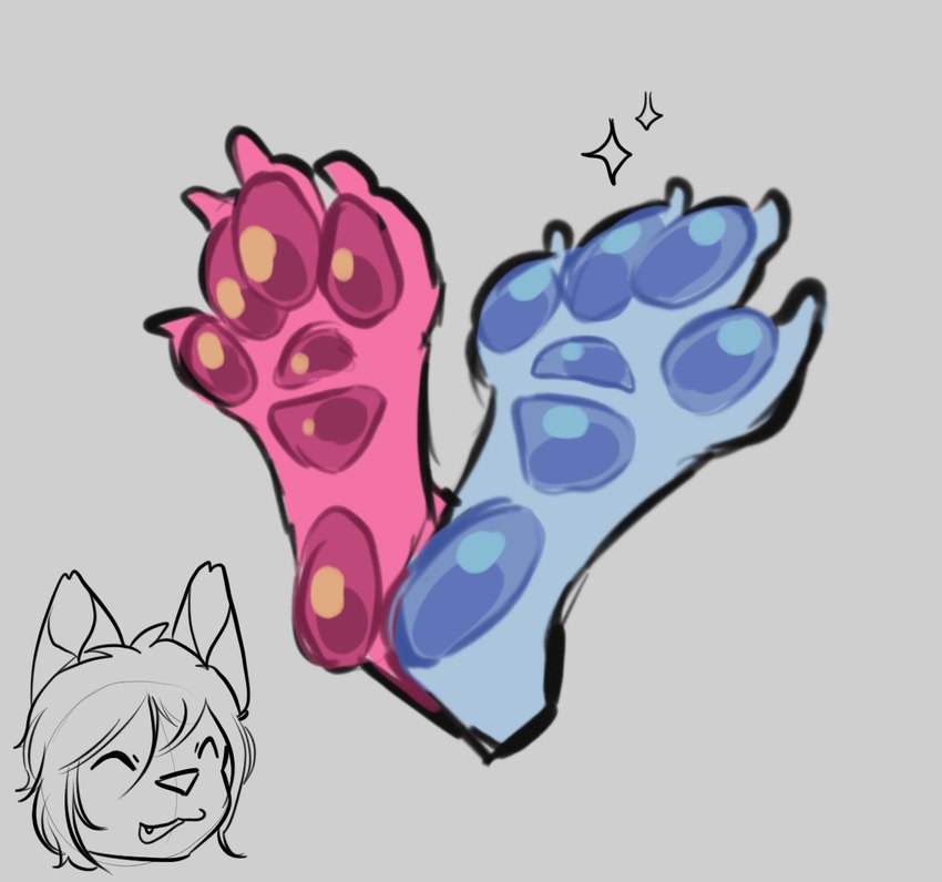 4_toes ambiguous_gender anthro barefoot blue_body blue_pawpads claws eyes_closed feet foot_focus foot_shot glistening glistening_pawpads grey_background hair hindpaw open_mouth paw_shot pawpads paws pink_body pink_pawpads short_hair simple_background smile solo toe_claws toes l0xx domestic_cat felid feline felis mammal sketch