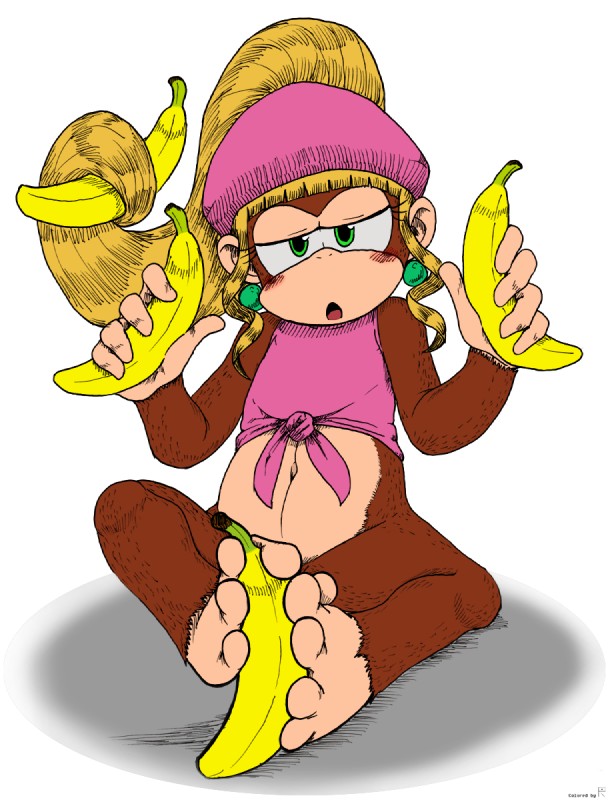 5_fingers 5_toes banana barefoot blush bottomless brown_body brown_fur clothed clothing feet female feral fingers food food_fetish food_play foot_fetish fruit fur hair half-closed_eyes hat headgear headwear long_hair narrowed_eyes naughty_face navel plant ponytail prehensile_feet simple_background solo suggestive toes white_background numenumenumerugon rabin donkey_kong_(series) nintendo dixie_kong haplorhine kong mammal monkey primate hi_res