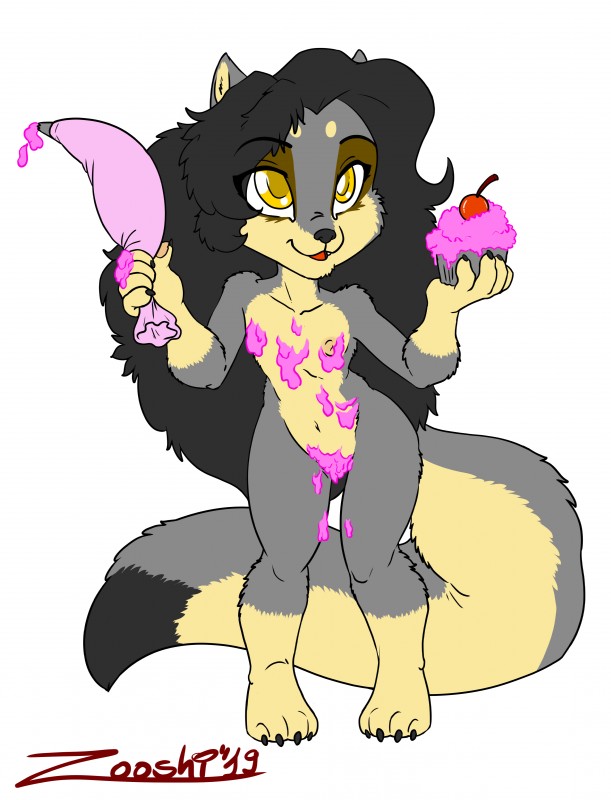 4_toes anthro claws cupcake feet female flat_chested food frosting holding_food holding_object navel nipples open_mouth simple_background solo toe_claws toes white_background yellow_eyes young young_anthro zooshi zoosie canid canine canis mammal wolf 2019 absurd_res hi_res signature