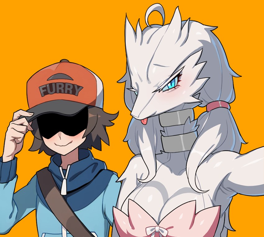 ahoge anthro anthrofied blep blue_clothing blue_eyes blue_topwear breasts cleavage clothed clothing duo female fingernails fingers fur hair hat headgear headwear interspecies looking_at_viewer nails orange_background pokephilia selfie simple_background tongue tongue_out topwear white_body white_fur white_hair drunk_oak nintendo pokemon hilbert_(pokemon) generation_5_pokemon human legendary_pokemon mammal pokemon_(species) reshiram 2023