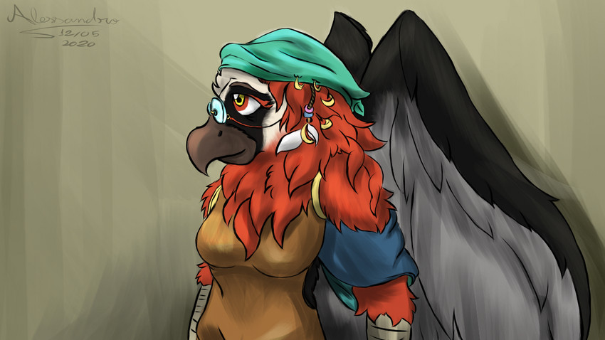 anthro beak black_body black_face black_feathers black_wings brown_beak brown_eyebrows clothed clothing dark_body dark_face dark_feathers dark_wings eyebrows feathered_wings feathers female four_tone_body four_tone_feathers grey_body grey_feathers grey_wings hooked_beak jewelry light_body light_face light_feathers monotone_beak multicolored_body multicolored_face multicolored_feathers multicolored_wings orange_body orange_feathers scavenger solo two_tone_face two_tone_wings white_body white_face white_feathers wings year anonymous_artist carumsarene arla's_tail sylvana_(arla's_tail) accipitrid accipitriform aven avian bearded_vulture bird old_world_vulture vulture 16:9 2020 artist_collaboration colored dated signature widescreen