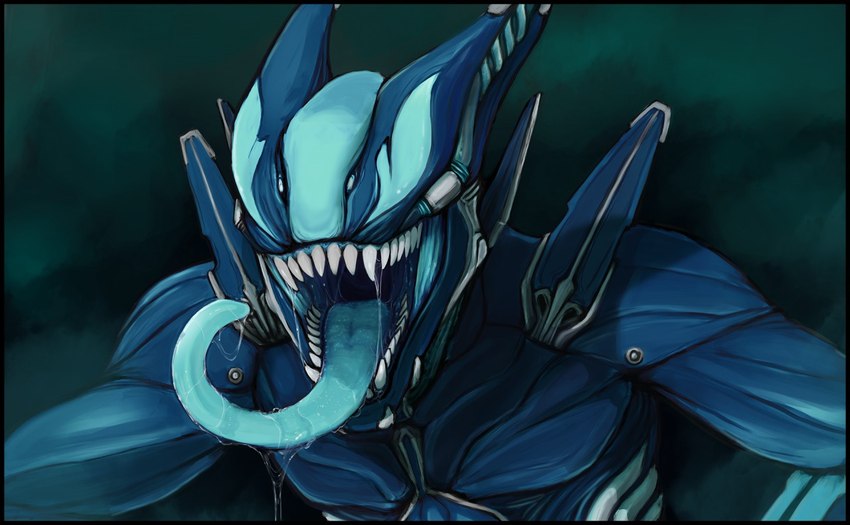 black_border blue_body blue_tongue bodily_fluids border drooling excessive_saliva fangs front_view long_tongue male nude red_teeth saliva saliva_on_tongue sharp_teeth simple_background solo teeth tongue tongue_out unsigned acidic digital_extremes tencent warframe valkyr_(warframe) valkyr_gersemi biomechanical mawframe monster warframe_(species) bust_portrait portrait female_(lore)