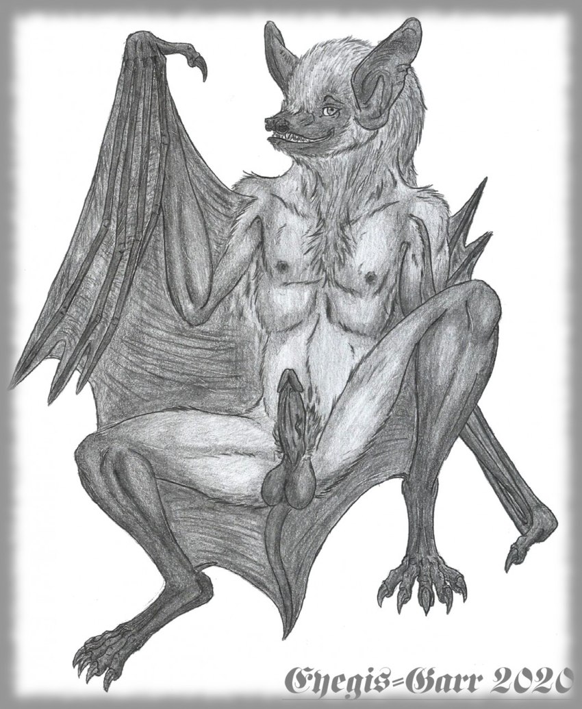 anthro athletic athletic_anthro athletic_male bat_ears bat_wings chest_tuft erection genitals humanoid_genitalia humanoid_penis looking_at_viewer male membrane_(anatomy) membranous_wings navel nipples nude open_mouth open_smile pecs penis presenting simple_background sitting smile smiling_at_viewer solo tuft wings eyegis-garr bat mammal hi_res traditional_media_(artwork)