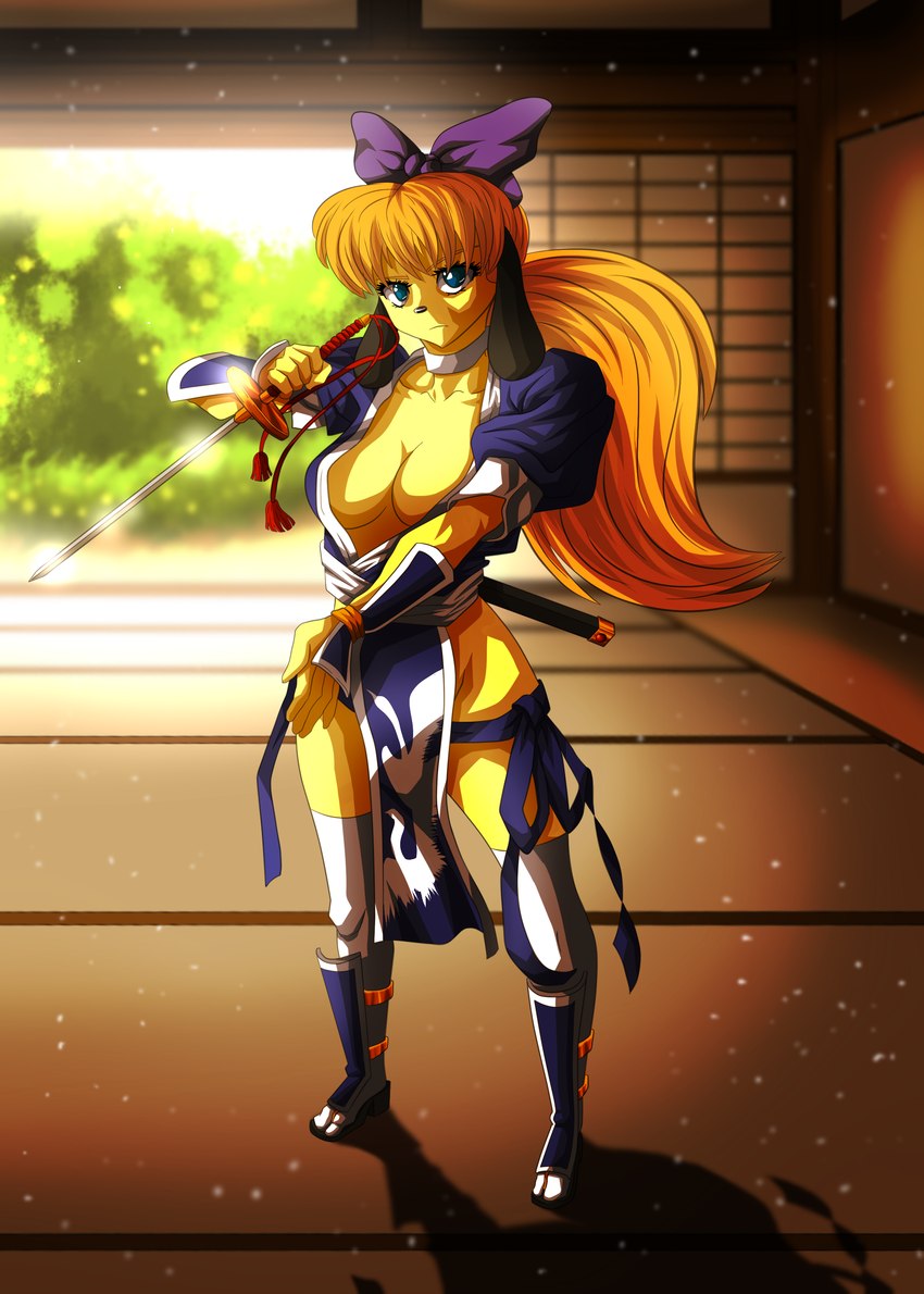 accessory anthro asian_clothing big_breasts blonde_hair blue_eyes bow_ribbon breasts clothed clothing cosplay east_asian_clothing female footwear fur hair hair_accessory hair_bow hair_ribbon japanese_clothing katana melee_weapon ninja ponytail ribbons sandals shoes socks solo sunrise sword tabi_socks warrior weapon yellow_body yellow_fur artworks_twin_brothers dead_or_alive_(series) nickelodeon queens_blade t.u.f.f._puppy daisy_(t.u.f.f._puppy) kasumi_(doa) canid canine canis domestic_dog mammal absurd_res hi_res