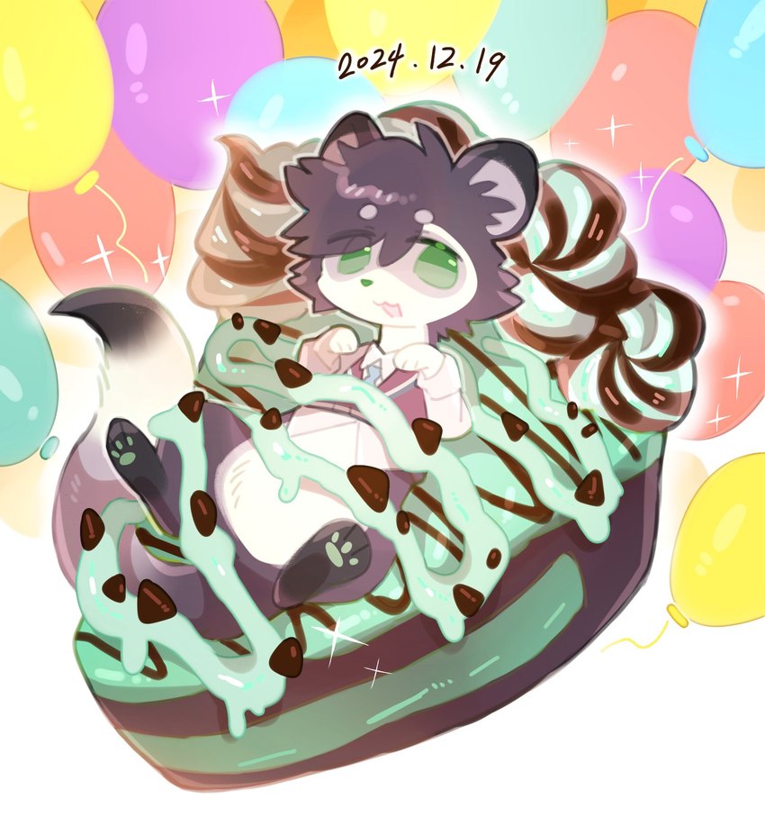 ambiguous_gender balloon birthday brown_body brown_fur cake clothing dessert feral food fur green_eyes inflatable kemono paws shirt smile solo tan_body tan_fur topwear tianhua mammal mustelid musteline stoat true_musteline weasel hi_res