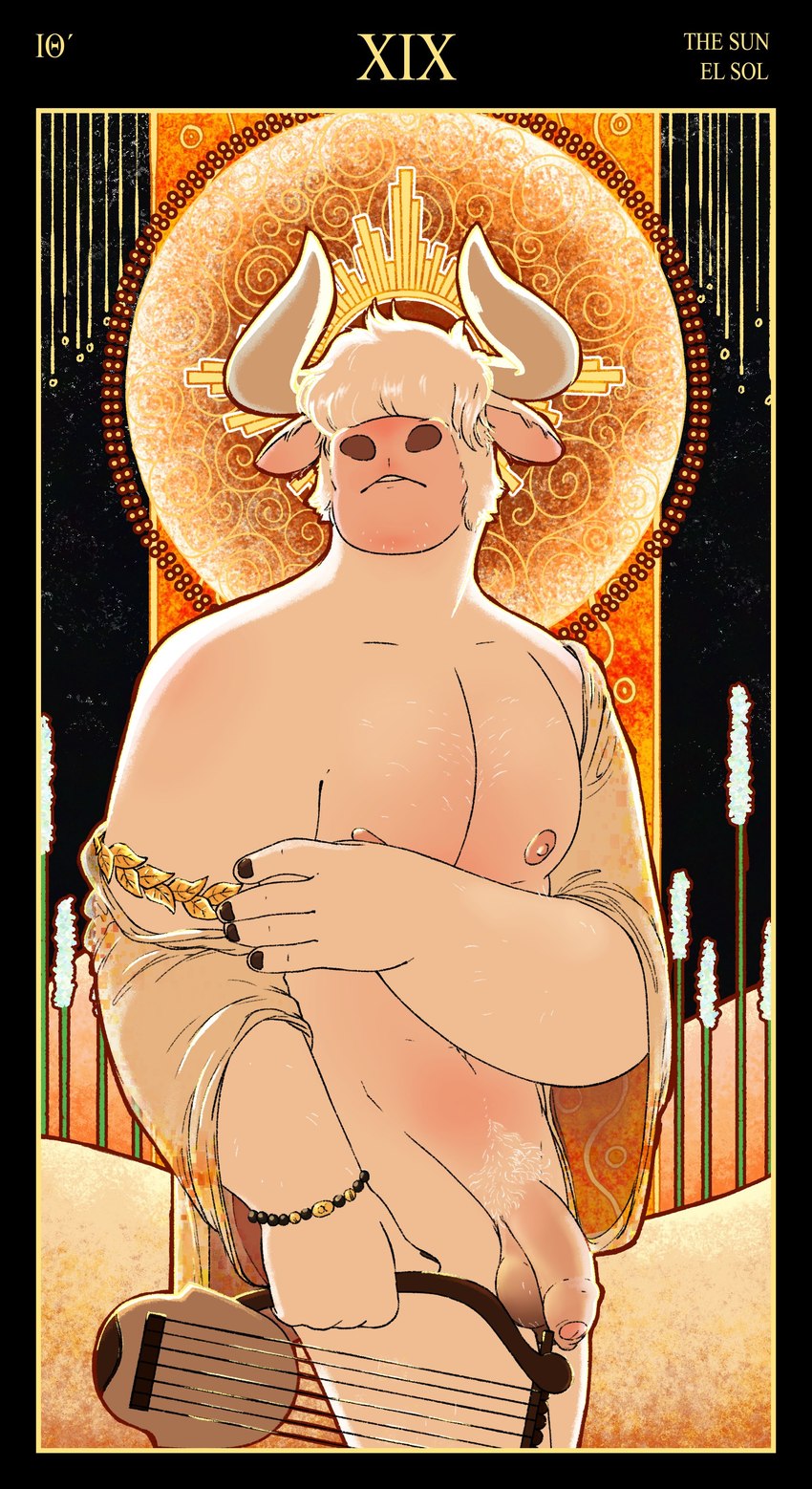 anthro armband art_nouveau balls blonde_pubes card card_template clothing foreskin fortune_telling genitals hair hair_over_eyes horn humanoid_genitalia humanoid_penis lyre major_arcana male muscular muscular_male musical_instrument nipples penis plucked_string_instrument pubes shirt solo string_instrument sun tarot tarot_card the_sun_(tarot) topwear tunic wristband nardodraws european_mythology greek_mythology minotaur_hotel mythology asterion_(minotaur_hotel) bovid bovine mammal minotaur absurd_res hi_res