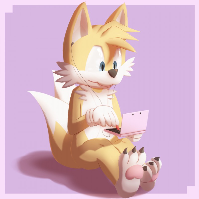 3_toes anthro barefoot biped claws electronics feet game_console gaming male pawpads pink_background pink_pawpads playing_video_game simple_background soles solo toes glomiagui nintendo nintendo_3ds nintendo_ds_family sega sonic_the_hedgehog_(series) miles_prower canid canine fox mammal 1:1 crossover hi_res