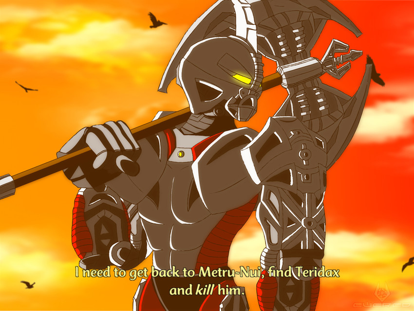 5_fingers ambiguous_gender armor axe battle_axe double_bitted_axe fingers holding_object holding_weapon looking_back machine male mask melee_weapon multicolored_body not_furry red_body simple_background skyline solo standing sunset text two_tone_body weapon weapon_on_shoulder white_body yellow_eyes ewered bionicle lego axonn avian bird humanoid robot 4:3 digital_drawing_(artwork) digital_media_(artwork) english_text hi_res