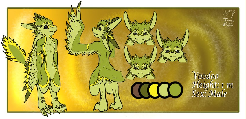 3_fingers 4_ears 4_toes ambiguous_gender black_eyes color_swatch feathers feet fingers gender_name height information measurements multi_ear solo toes yellow_body yellow_feathers yellow_sclera toggle_(artist) voodoo_(toggle) avian bird hi_res model_sheet male_(lore)