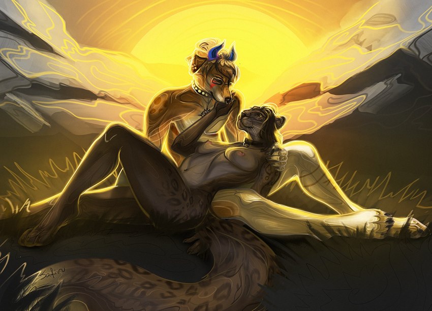 4_toes 5_fingers anthro areola blue_horn breasts collar day detailed_background duo eyewear feet female fingers glasses grass horn nipples nude outside plant sky smile toes safiru andisun orion_vandrayke canid canine felid hybrid leopard mammal pantherine 2022 digital_media_(artwork) hi_res