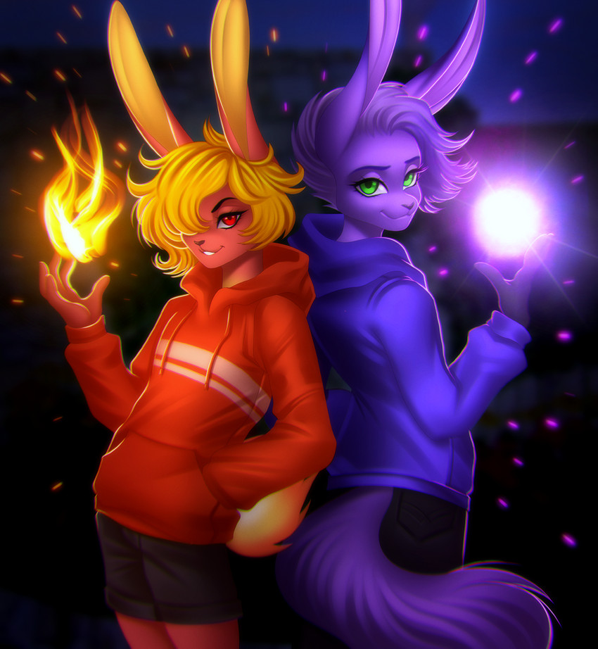 anthro back_to_back black_eyebrows black_nose clothing duo eyebrows femboy fire flaming_orb flaming_tail fur glowing green_eyes hair hoodie light long_ears male male/male night orange_body orange_ears orange_hair orb powers purple_body purple_fur purple_hair purple_tail red_eyes smile smirk sparkles stripes tail topwear adorableinall august_moon july_soleil canid canine fox hybrid lagomorph leporid mammal rabbit digital_media_(artwork) shaded