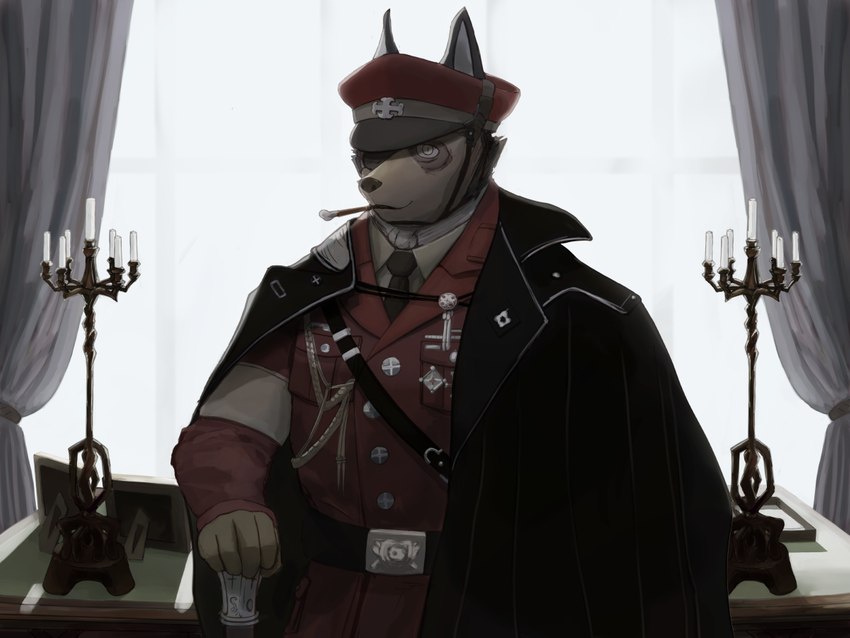 anthro candlestick cape clothing hat headgear headwear male medal military_cap military_uniform pipe smoking solo uniform 581rsiy cyberconnect2 fuga:_melodies_of_steel little_tail_bronx shvein_hax canid canine caninu canis domestic_dog mammal 4:3