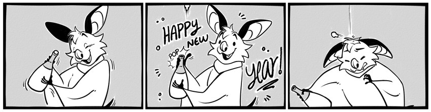 alcohol anthro beverage big_ears bonk_(sound_effect) border celebration comic_panel holidays male neck_tuft pop_(sound_effect) shaking solo tail tail_motion tailwag text tuft white_border winged_arms wings kristalkarma danglebat new_year dan_(danglebat) bat mammal absurd_res comic greyscale hi_res monochrome