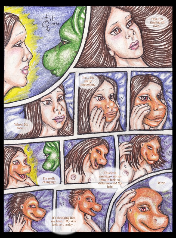 anthro breasts dialogue duo female magic nipples nude text transformation tiliquain zmeydros mythology the_tishen_transformation alexi_tishen heather_kowalski dragon human mammal mythological_creature mythological_scalie scalie colored_pencil_(artwork) comic english_text hi_res traditional_media_(artwork)