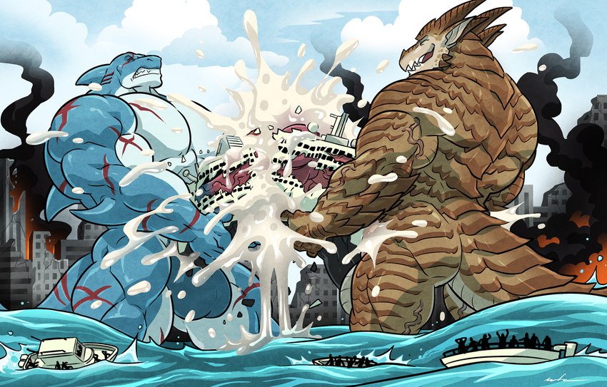 anthro balls big_penis boat bodily_fluids city cruise_ship cum destruction duo excessive_cum excessive_genital_fluids genital_fluids genitals macro male male/male merchant_ship muscular muscular_anthro muscular_male nude orgasm passenger_ship penis ship simultaneous_orgasms tail vehicle watercraft wfa mythology brutus_(pyronite) lyga dragon fish marine mythological_creature mythological_scalie scalie shark