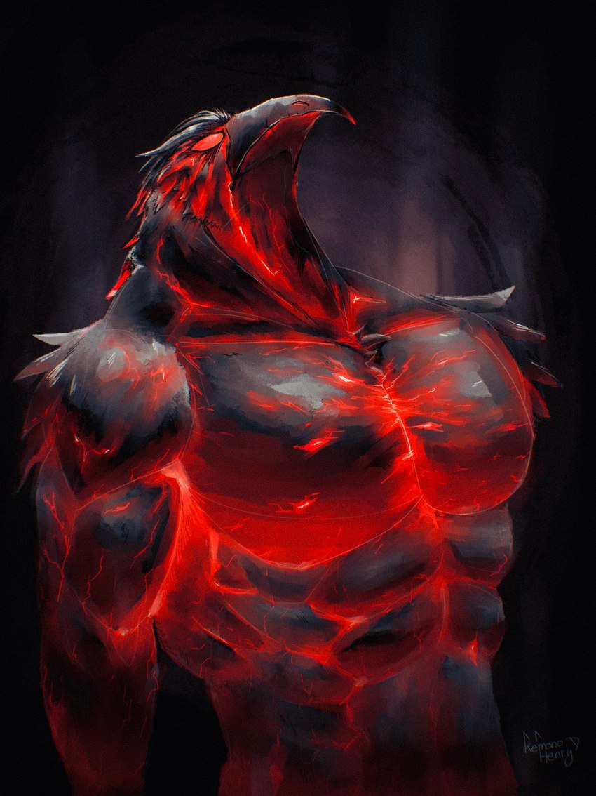 abs anthro barazoku beak biceps big_muscles black_body bodily_fluids breasts feathers fire hair lava male muscular muscular_anthro muscular_male pecs solo kemonohenry avian bird corvid corvus_(genus) crow elemental_creature hybrid lava_creature mineral_fauna oscine passerine raven wereavian werebird werecreature hi_res