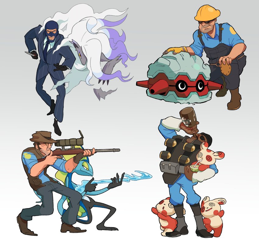 aiming ambiguous_gender anthro armor beverage blue_body blue_clothing boots bottle bottomwear clothing container crouching cup drinking duo eye_patch eyewear feral footwear gloves goggles grenade_belt group gun hair handwear hard_hat headgear helmet knee_pads kneeling knife larger_human male mask necktie overalls pants purple_hair ranged_weapon rifle scope shoes simple_background size_difference smaller_anthro sniper_rifle spiral_eyes standing suit tail topwear toy toy_gun vest water_gun weapon white_background brandophobia nintendo pokemon team_fortress_2 valve demoman_(team_fortress_2) engineer_(team_fortress_2) sniper_(team_fortress_2) spy_(team_fortress_2) forretress generation_2_pokemon generation_3_pokemon generation_8_pokemon hisuian_form hisuian_zoroark human inteleon mammal pokemon_(species) regional_form_(pokemon) spinda absurd_res crossover hi_res