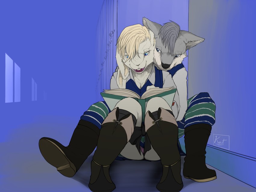 anthro biped book boots clothed clothing crossdressing duo ears_back footwear hair head_on_shoulder long_ears male male/male male_anthro panties pivoted_ears plantigrade reading school shoes simple_background studying underwear upskirt geno28 shin_megami_tensei:_if... prince_kanin_(geno28) the_prince_(trick_moon) canid canine canis lagomorph leporid mammal rabbit wolf 4:3 hi_res watermark