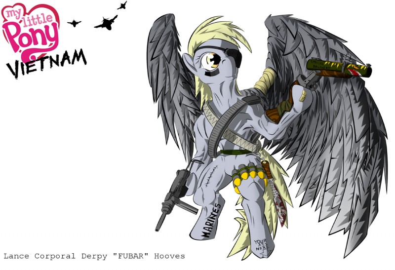 ammunition anthro anthrofied bandolier blonde_hair blood bodily_fluids explosives facial_markings feathered_wings feathers female fur grenade grenade_launcher grey_body grey_feathers grey_fur gun hair head_markings knife m3_grease_gun m79 markings ranged_weapon simple_background solo tail tattoo vietnam weapon what_has_science_done white_background wings yellow_eyes unknown_artist friendship_is_magic hasbro my_little_pony mythology springfield_armory derpy_hooves_(mlp) equid equine mammal mythological_creature mythological_equine pegasus hi_res