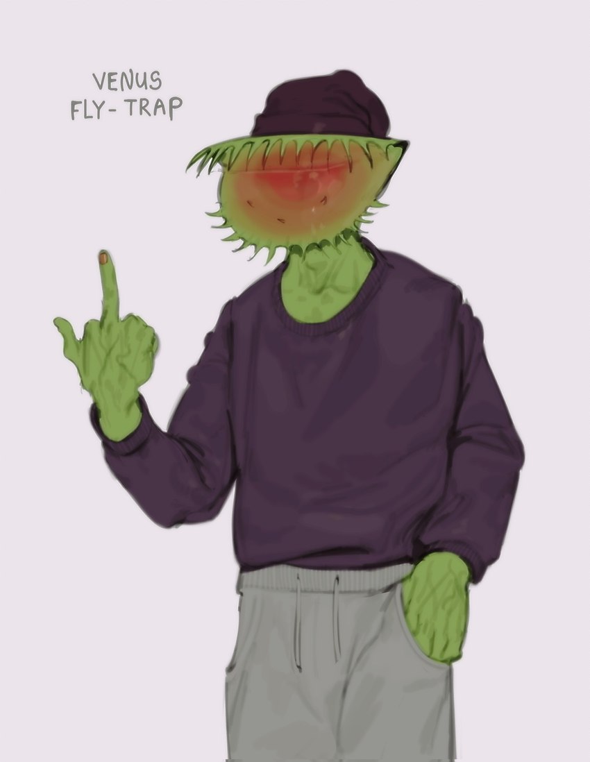 beanie biped bottomwear carnivorous_plant clothed clothing fully_clothed gesture green_body hand_gesture hat headgear headwear male middle_finger pants plant simple_background solo sweater sweatpants text topwear venus_flytrap white_background kogito carnivorous_plant_humanoid elemental_creature elemental_humanoid flora_fauna flytrap_humanoid humanoid plant_humanoid 2023 digital_media_(artwork) english_text hi_res