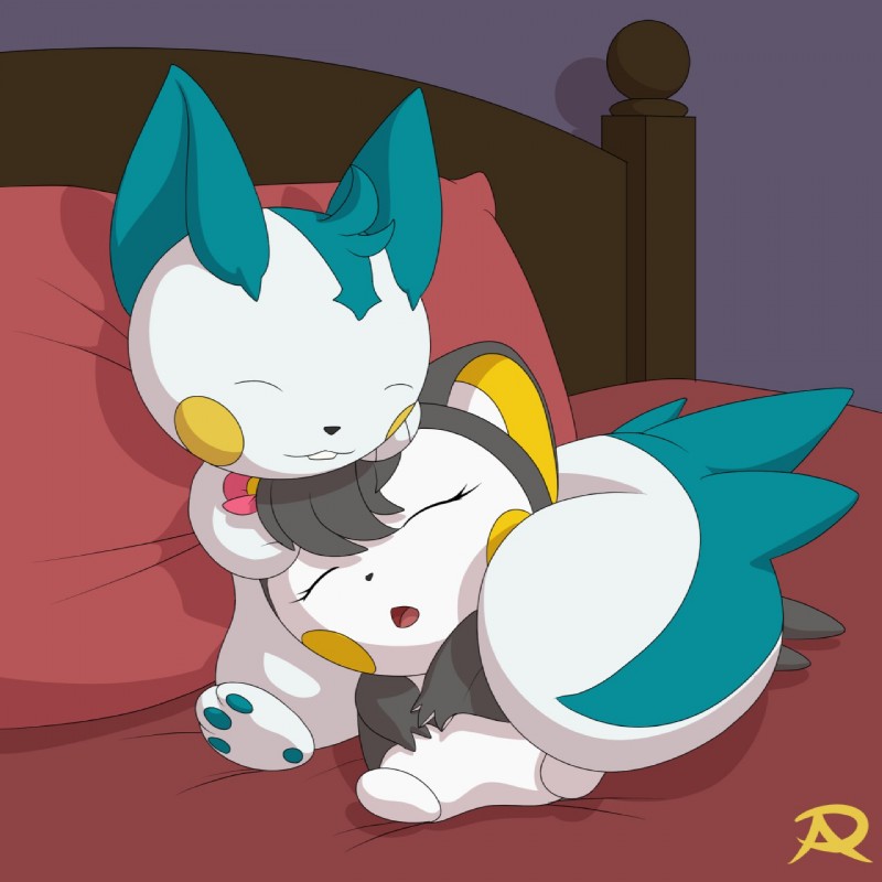 bed cuddling duo female flower furniture lying male plant sleeping radasus nintendo pokemon zoey_the_emolga emolga generation_4_pokemon generation_5_pokemon mammal pachirisu pokemon_(species) rodent sciurid 1:1 hi_res