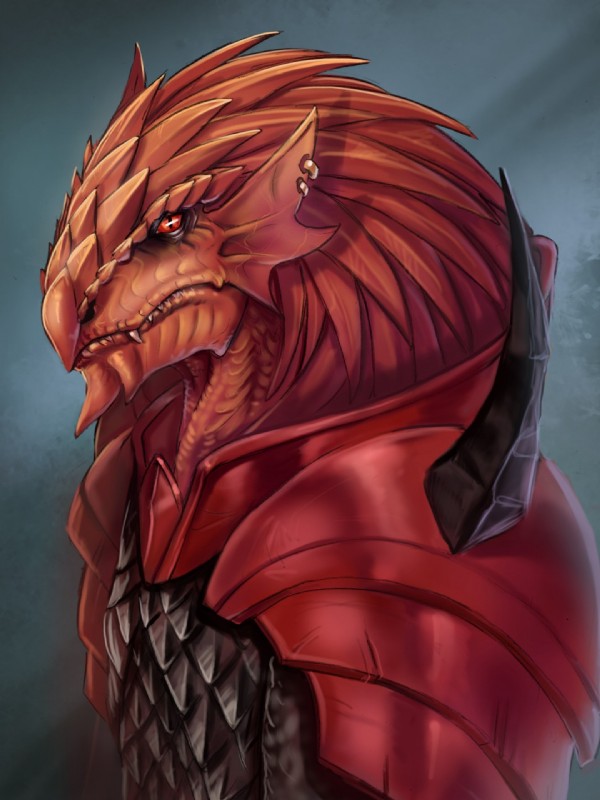 anthro armor ear_piercing fangs grey_background looking_aside looking_at_viewer male pauldron piercing pupils red_body red_eyes red_scales scalemail scales side_view simple_background slit_pupils solo spiked_armor spikes teeth aomori mythology dragon mythological_creature mythological_scalie scalie 3:4 bust_portrait hi_res portrait